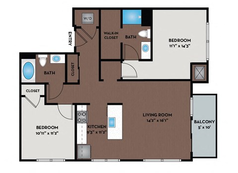 Floor plan for 2 beds, 2 baths, 1095 sqft